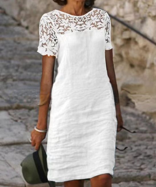 Spring and Summer New Lace Patchwork round Neck Dress