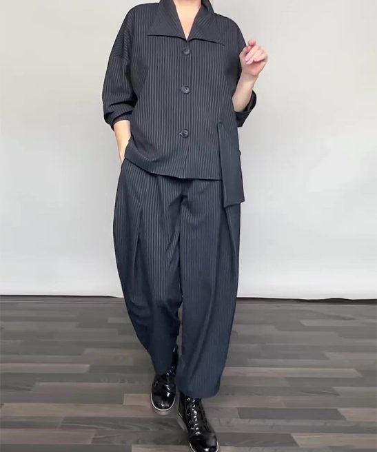 Plus Size Collared Striped Long-Sleeve Shirt & Pants Two-Piece Set