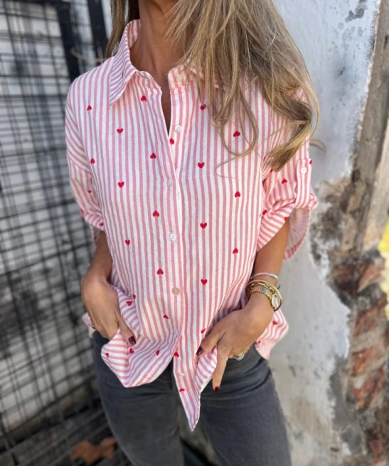 Striped Heart Print Collared Shirt Top
