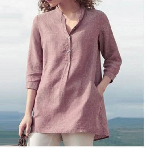 Plus Size Three-Quarter Sleeve Stand Collar Cotton and Linen Shirt