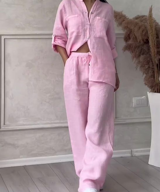 Commute Comfort Long Sleeve Shirt & Lace Up Pants Two-piece Set