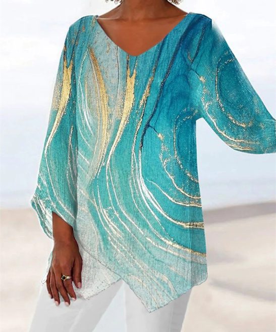Plus Size Spring and Summer Geometric Printed Long Sleeve V-neck Patchwork Shirt