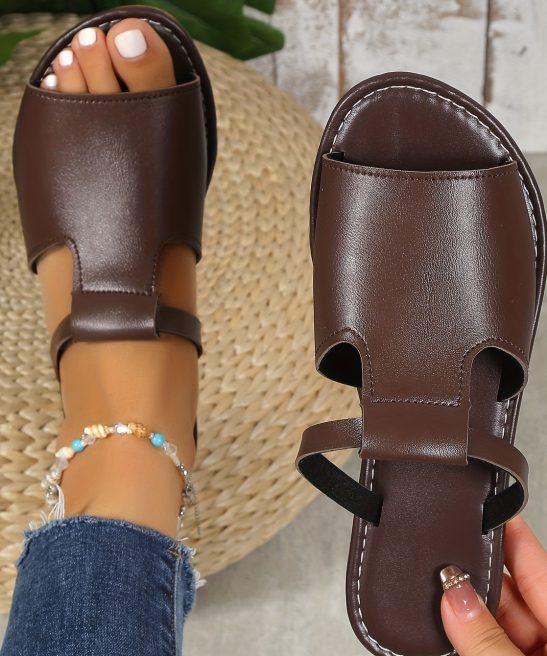 Women's Solid Color Slide Sandals, Casual Cutout Slip On Outdoor Shoes, Comfortable Faux Leather Shoes