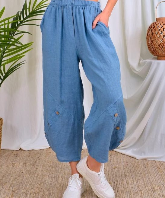 Pocket Cotton and Linen Stitching Clinch Cropped Casual Pants