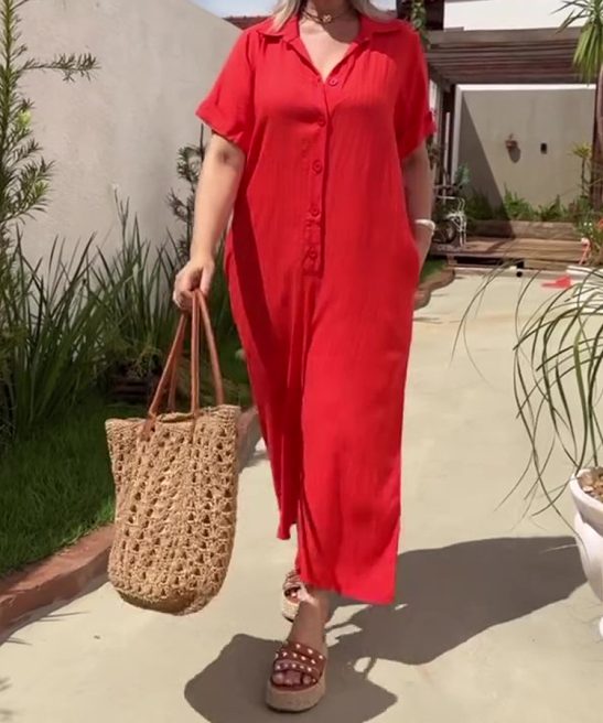 Plus Size Shirt Lapel Button Down Short Sleeve Jumpsuit