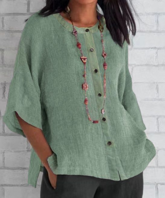 Autumn Round Neck 3/4 Sleeve Cotton Hemp Casual Shirt