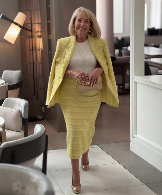 Elegant Commute Blazer & Hip-wrapped Skirt Two-piece set - M, Yellow