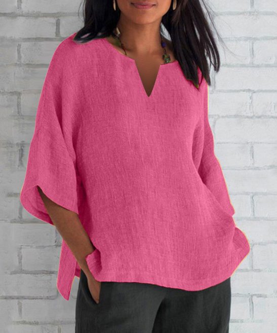 Three-Quarter Sleeve V-neck Split Top