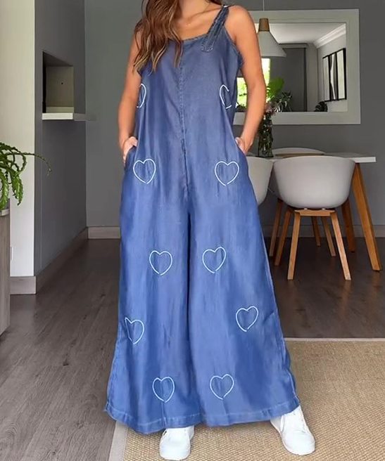 Plus Size Crew Neck Pocket Sleeveless Print Jumpsuit