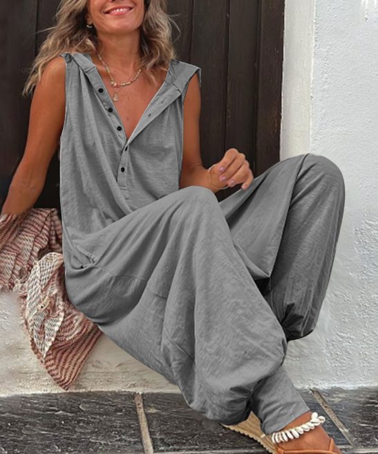 Button Hooded Sleeveless Trousers Black Jumpsuit Baggy Pants