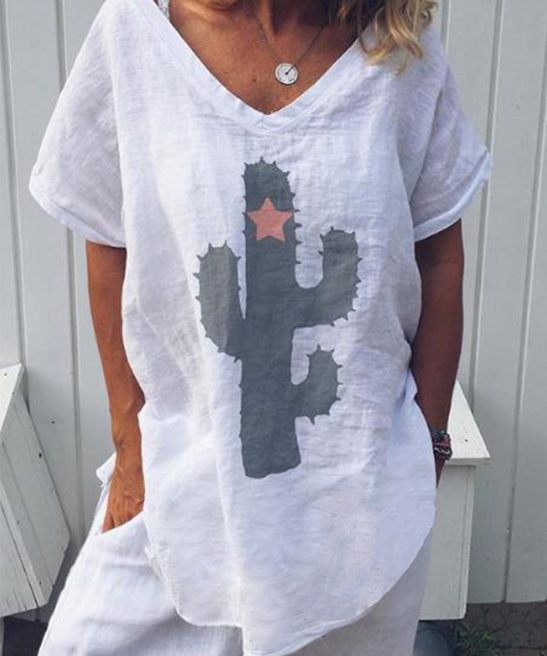 Plus Size Short Sleeve Printed Cotton and Linen T-shirt