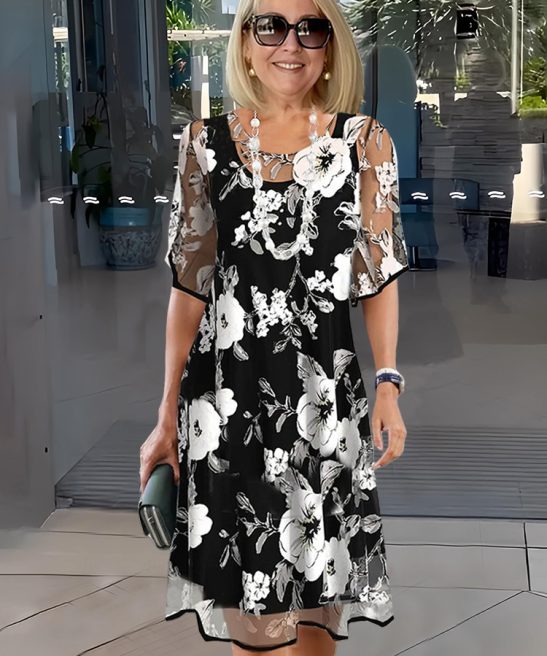Sheer Floral Print Half Sleeve Tunic Dress