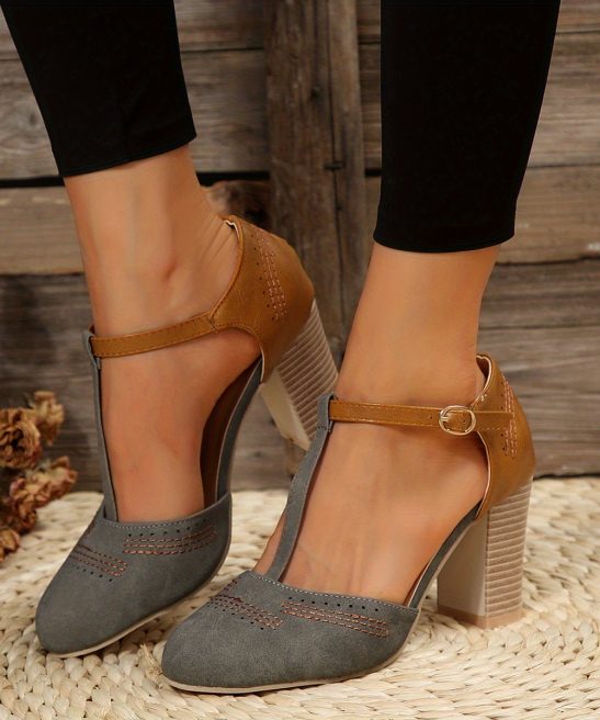 Women's Chunky High Heel Sandals, Colorblock Ankle Buckle Strap T-strap Shoes, Casual Round Toe Pumps