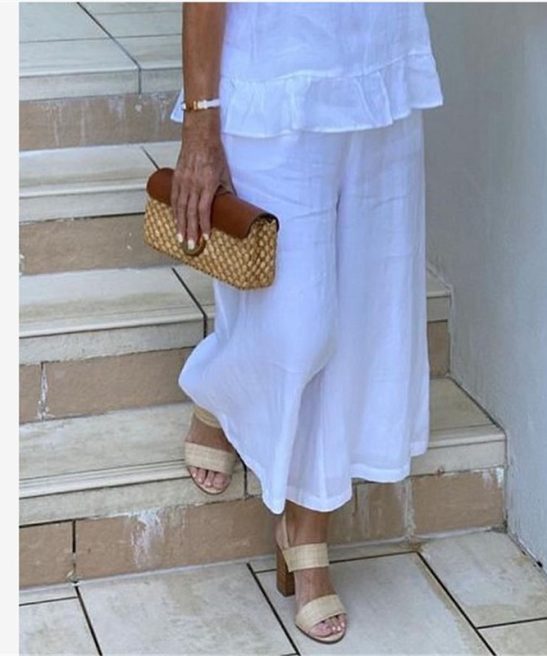 Loose Elastic Waist Cotton Linen Large Bell-Bottom Pants